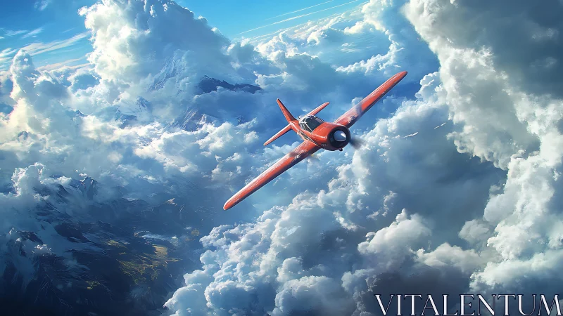 Red propeller aircraft cuts through towering sunlit clouds
