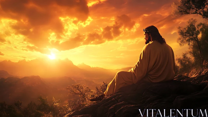 Figure in robe sits on rocky slope facing intense sunset glow