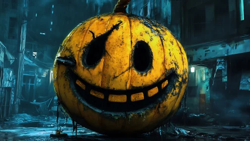 Rotting jack o lantern grins in abandoned rainy alley