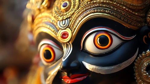 Ornate black deity sculpture with jeweled golden headdress.