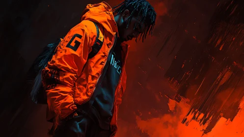 Neon jacket kid drifts through a storm of painted embers