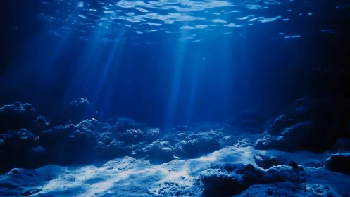 Blue abyss whispers through sunlit underwater silence.