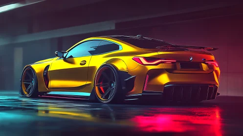 Yellow BMW sports coupe in neon lit garage at night.