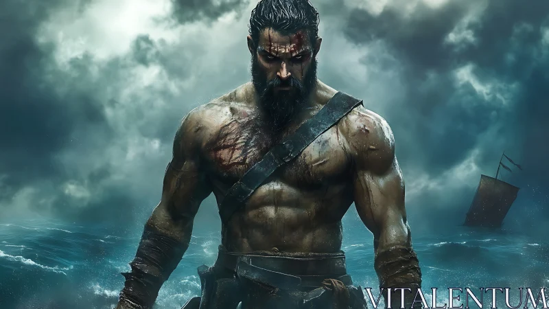 Storm-worn warrior rising from a wild and roaring sea.