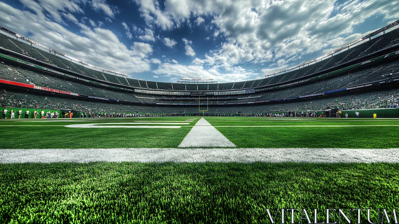 Wide-angle view shows empty football stadium field surface