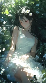 Sunlit anime girl resting in daisies with dappled highlights