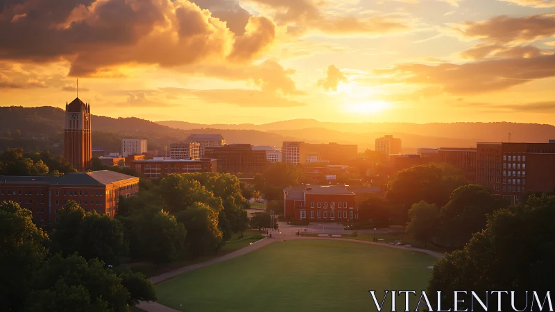 Sunlit academic campus skyline under dramatic golden clouds.