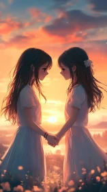 Anime sunset portrait of twin girls in soft focus composition.