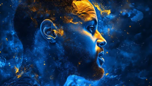 Profile portrait shows luminous figure in blue and orange contrast