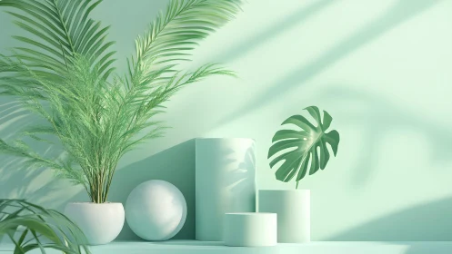 Minimalist botanical decor with green houseplants in pastel setting.