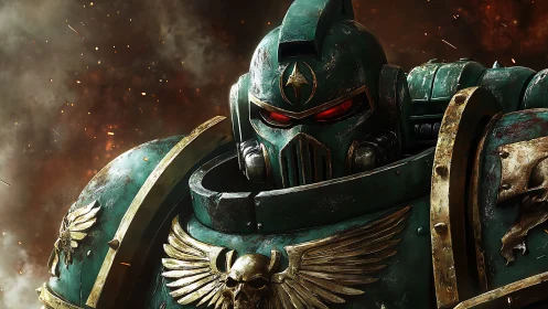 Armored space warrior in battle-scarred emerald power suit.