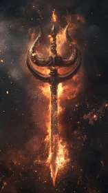 Flaming trident sword burns through smoky cosmic darkness