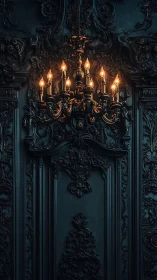Baroque brass chandelier illuminates dark ornate wall relief