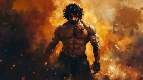 Warrior strides through burning storm of embers and fury.