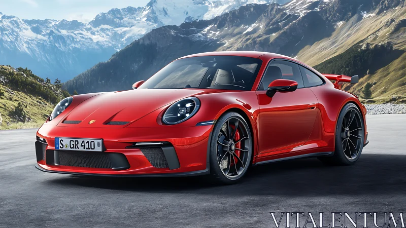 Red Porsche sports car on mountain road in daylight setting.
