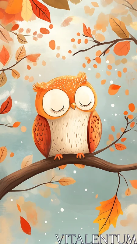 Illustrated orange owl on branch amid falling autumn leaves.