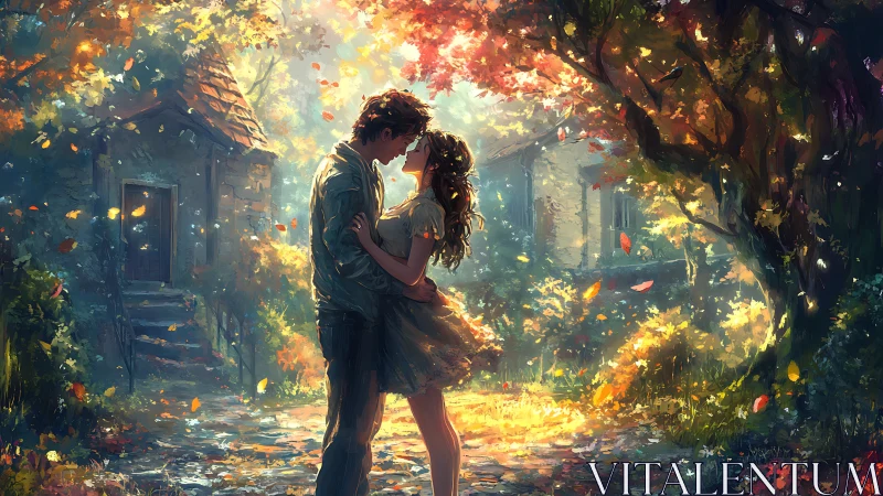 Two figures in autumn foliage setting with luminous atmospheric effects.