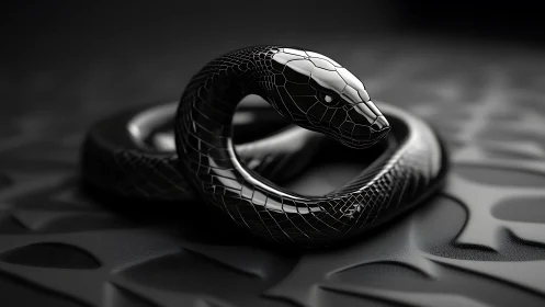Glossy black serpent sculpture on patterned dark surface.