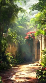 Sunlit jungle courtyard guarding a secret stone doorway.