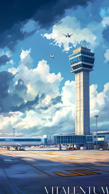 Control tower overlooks airport apron under active sky