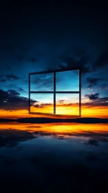 Sunset horizon aligns with glowing tech window silhouette.