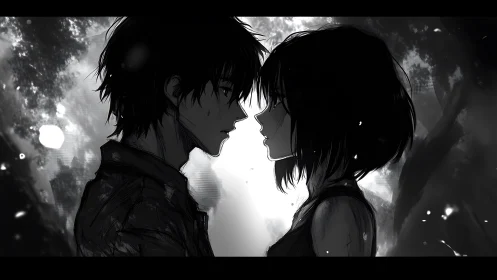 Monochrome anime couple in intense backlit forest standoff.