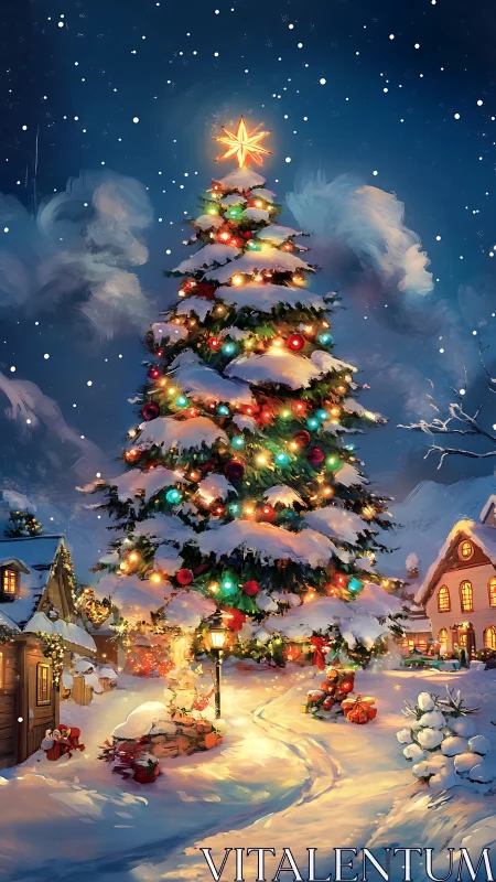Snow-draped village tree hums with lantern-lit Christmas glow