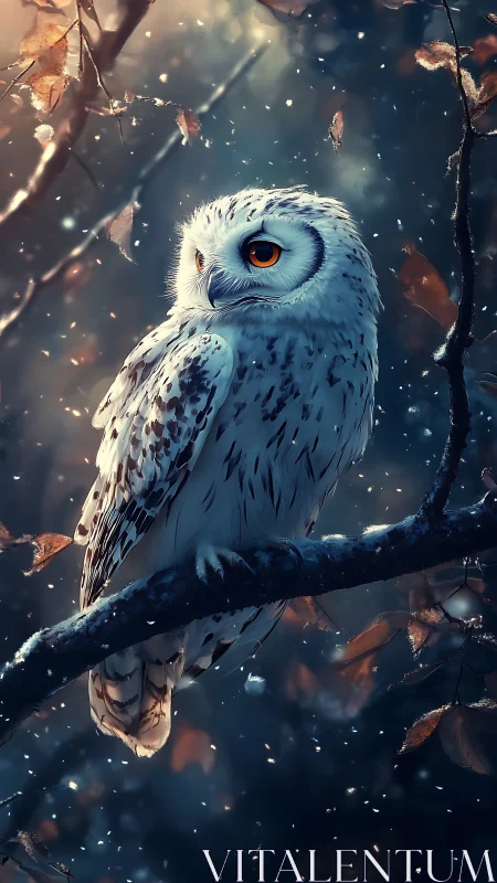 Snowy owl perched in bokeh-lit forest under drifting particles