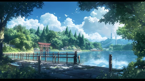 Serene lakeside torii under cumulus skies in anime realism