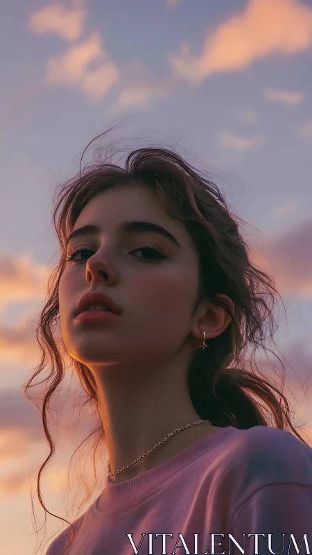 Sunset-lit portrait with soft pastel sky and rim lighting.