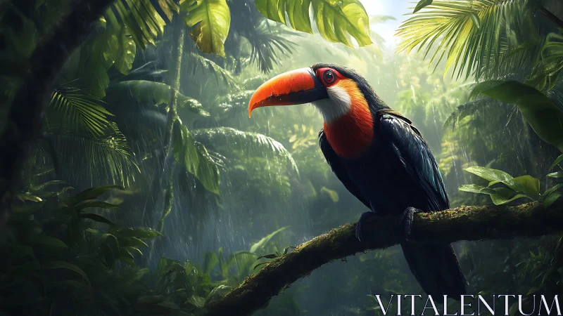 Toucan on mossy branch in dense wet tropical rainforest.