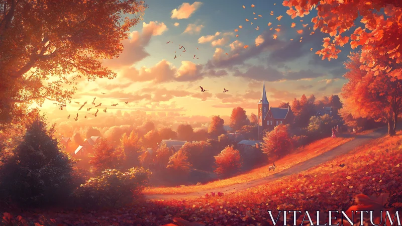 Golden autumn sunset bathes a peaceful village hillside