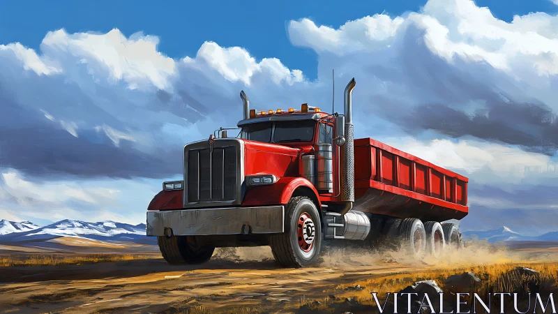 Aerodynamic red dump truck traversing highland dirt route.