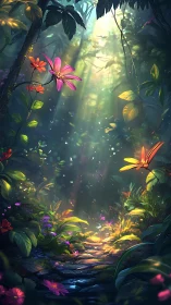 Lush fantasy forest path with glowing flowers and light.