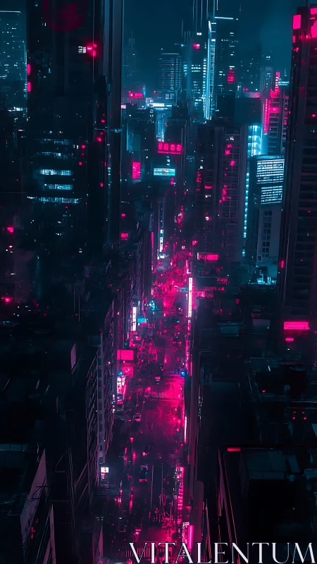 Neon soaked cyberpunk city street at night from above.