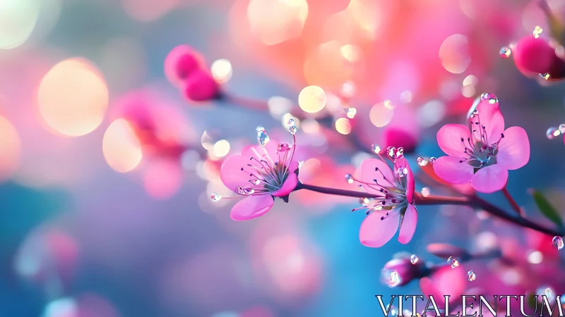 Pink flowers with water droplets on branch, blurred bokeh background