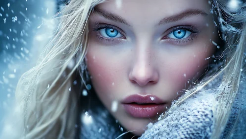 Icy gaze of winter woman in hyperreal snowy close-up portrait.