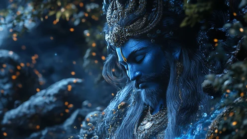 Divine blue deity portrait in luminous forest nightscape.