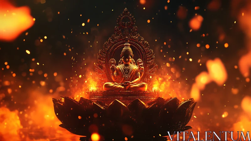 Golden deity statue seated on lotus amid intense flames.