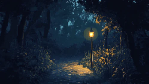 Pixelated street lamp illuminates dark urban alleyway at night.