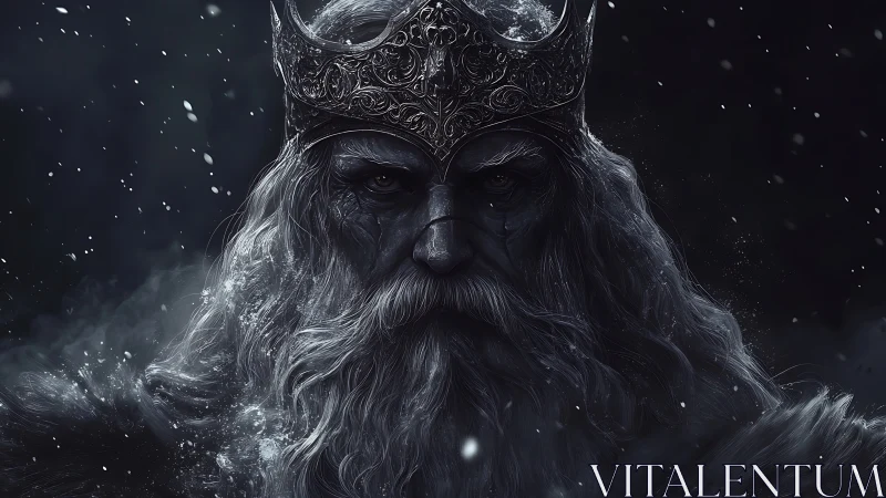 Frostbitten elder king portrait with ornate crown and snowfall