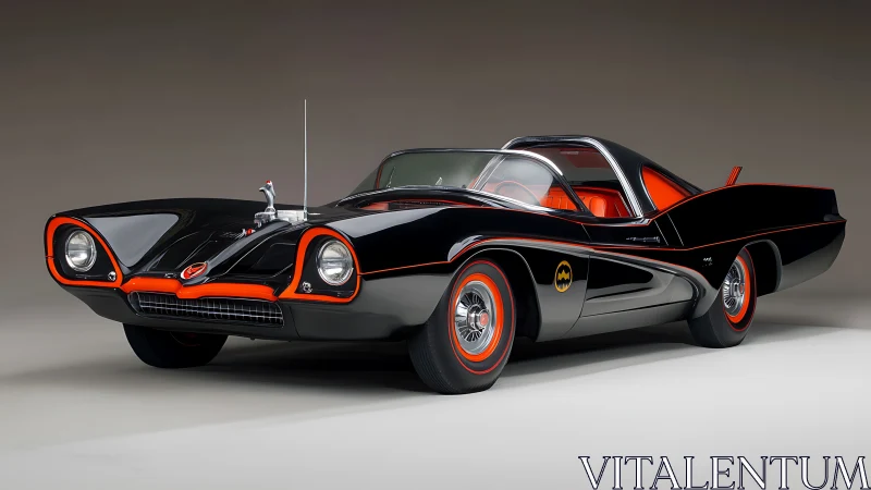 Photoreal studio rendering of classic black retro-futurist car.