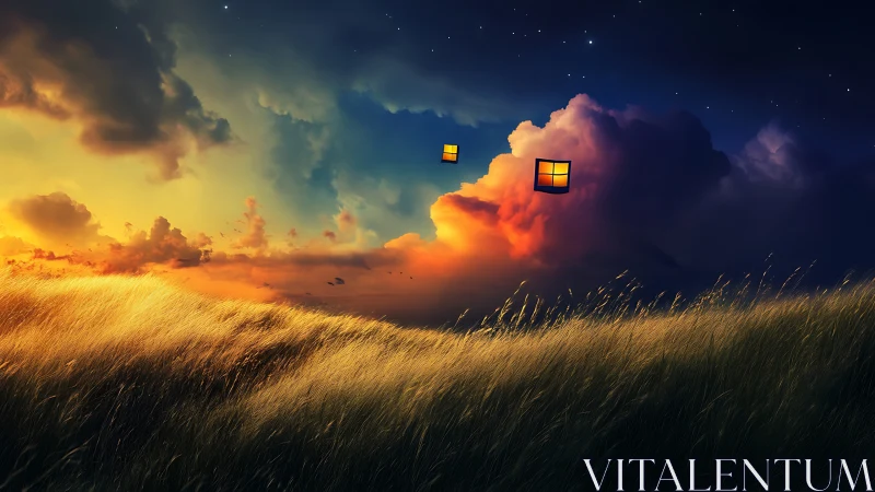 Illuminated window icons hover over dusk grassland clouds