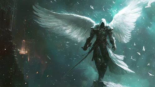 Armored angel descends through teal stormlit heavens.