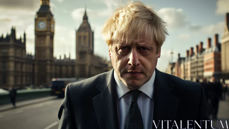 A blond man in formal attire stands on Westminster Bridge