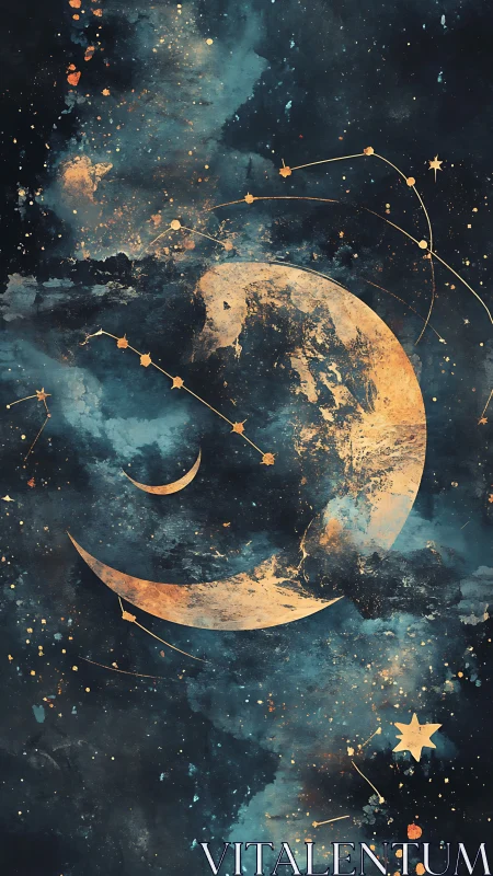Lunar crescents orbiting gold constellations in nebula sky.