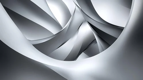 Abstract metallic ribbons in grayscale, modern digital art style.