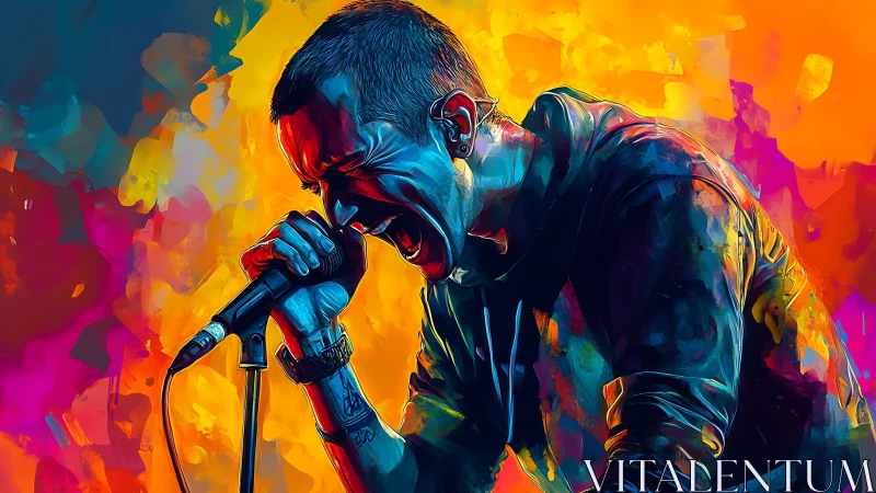 Intense singer unleashes raw emotion in neon abstract colors.