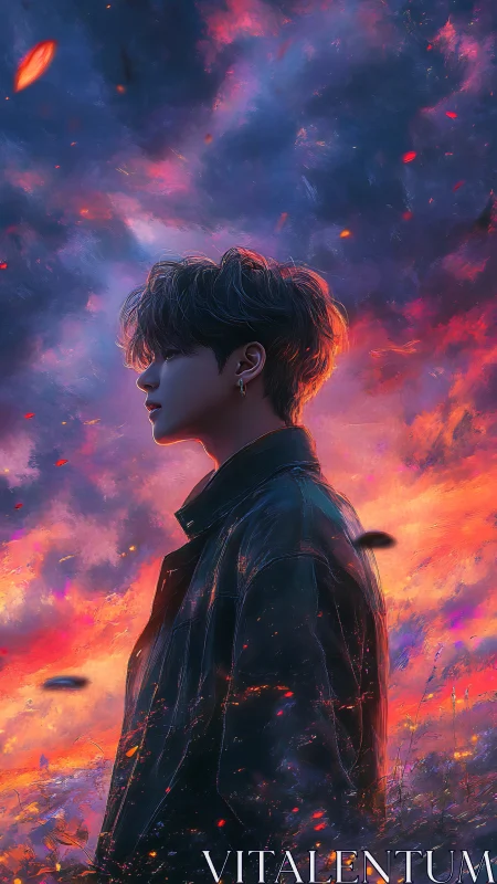 Solitary figure contemplates under a burning twilight sky