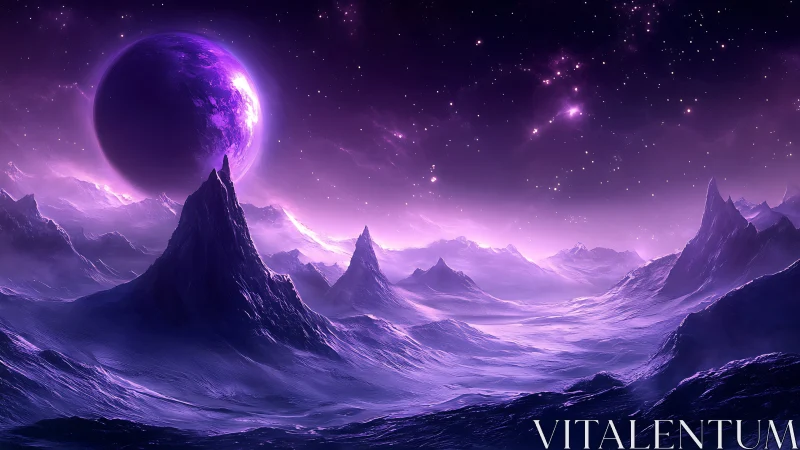 Nebula-kissed ice peaks whisper beneath a rising violet moon